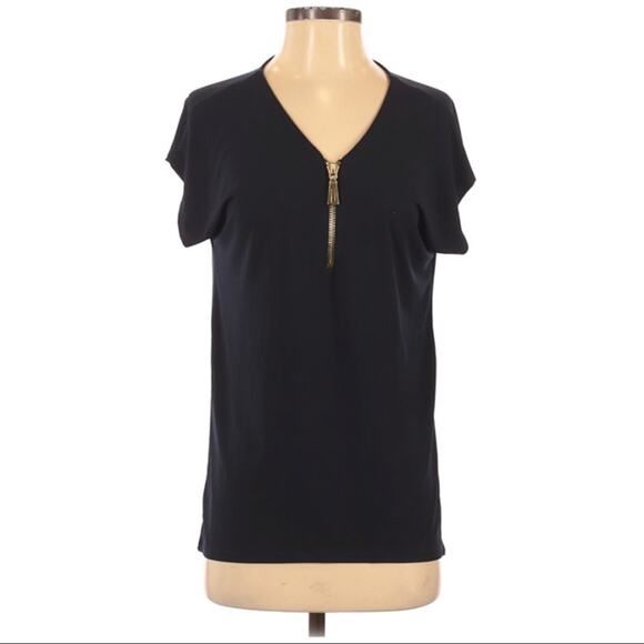 Carmen Carmen Marc Valvo Short Sleeve Zip Blouse Women's Small Navy - Picture 1 of 5